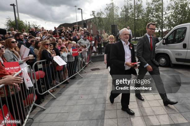 Jeremy Corbyn, leader of the U.K. Opposition Labour Party, center, arrives to speak at a general-election campaign rally in Watford, U.K., on...