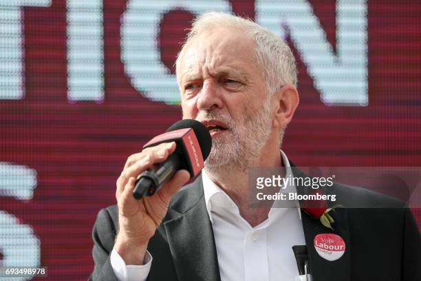 Jeremy Corbyn, leader of the U.K. Opposition Labour Party, speaks during a general-election campaign rally in Watford, U.K., on Wednesday, June 7,...