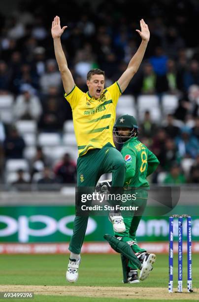 South Africa bowler Morne Morkel celebrates after dismissing Pakistan batsman Hafeez during the ICC Champions Trophy match between South Africa and...