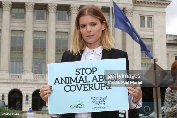 Kate Mara joins The Humane Society of the United States' rally at USDA on June 7, 2017 in Washington, DC. Advocates rallied to urge USDA to restore...