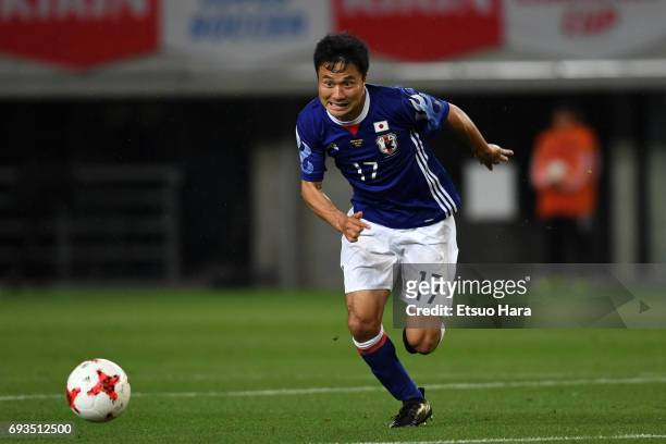 Yasuyuki Konno of Japan in action during the international friendly match between Japan and Syria at Tokyo Stadium on June 7, 2017 in Chofu, Tokyo,...