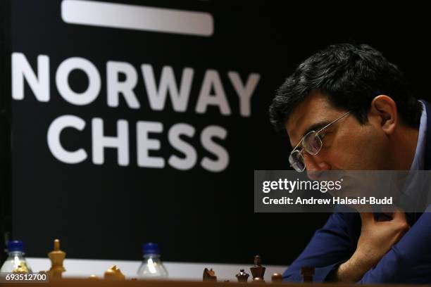 Vladimir Kramnik of Russia competes against Viswanathan Anand of India during the Altibox Norway Chess Competition on June 07, 2017 in Stavanger,...