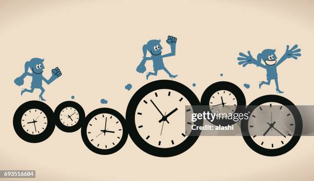 ilustraciones, imágenes clip art, dibujos animados e iconos de stock de sonriendo empresaria (mujer, muchacha) en el grupo de relojes - reaction time