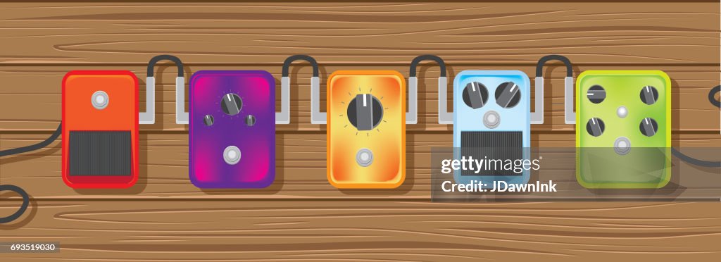 Guitar pedals high angle view