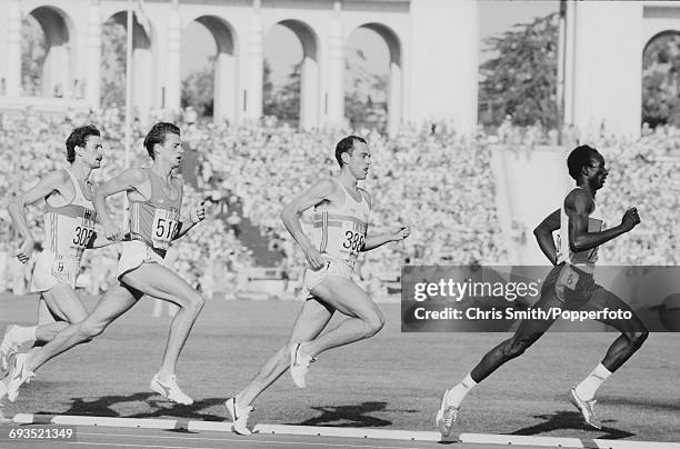Steve Ovett of Great Britain pictured in centre in action along with Uwe Becker of West Germany on left, during heat 2 of the semifinals of the Men's...