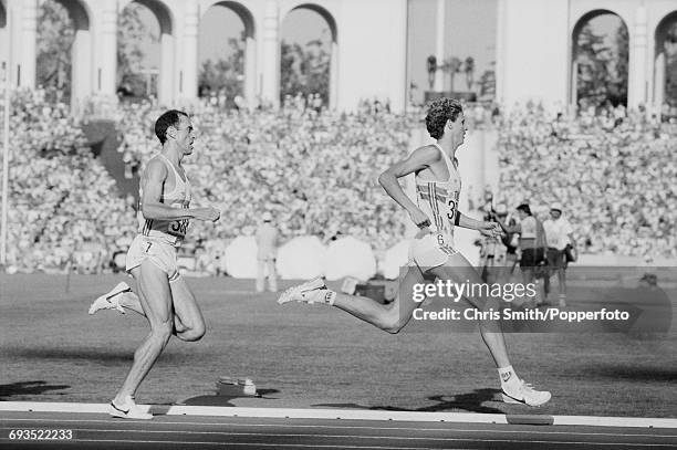 Steve Ovett of Great Britain pictured on left in action with fellow Great Britain athlete Steve Cram during heat 2 of the semifinals of the Men's...