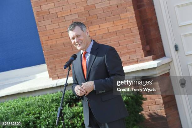 Bill Cody speaks during the unveiling of statues of Little Jimmy Dickens and Bill Monroe at Ryman Auditorium on June 7, 2017 in Nashville, Tennessee.