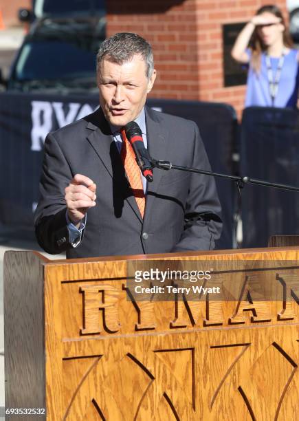 Bill Cody speaks during the unveiling of statues of Little Jimmy Dickens and Bill Monroe at Ryman Auditorium on June 7, 2017 in Nashville, Tennessee.