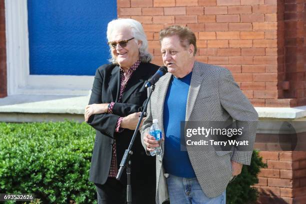 Ricky Skaggs and James Monroe attend the unveiling of statues of Little Jimmy Dickens and Bill Monroe at Ryman Auditorium on June 7, 2017 in...