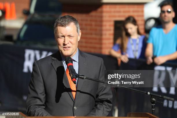 Bill Cody speaks during the unveiling of statues of Little Jimmy Dickens and Bill Monroe at Ryman Auditorium on June 7, 2017 in Nashville, Tennessee.