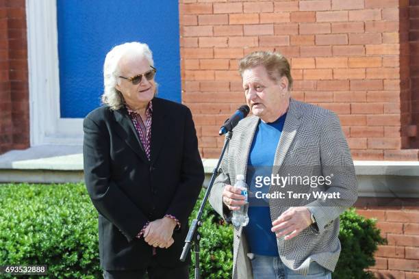 Ricky Skaggs and James Monroe attend the unveiling of statues of Little Jimmy Dickens and Bill Monroe at Ryman Auditorium on June 7, 2017 in...