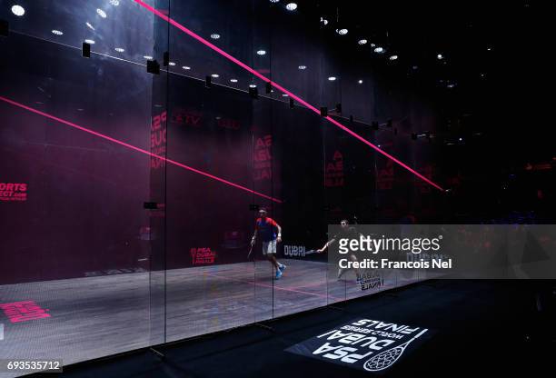 Mohamed El Shorbagy of Egypt competes against Ali Farag of Egypt during day two of the PSA Dubai World Series Finals 2017 at Dubai Opera on June 7,...