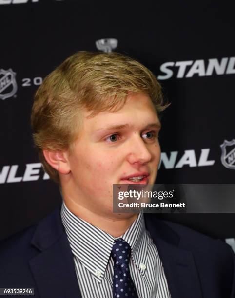 Casey Mittelstadt is interviewed during media availability for 2017 NHL draft prospects prior to Game Four of the 2017 NHL Stanley Cup Final at the...