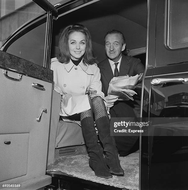 English actor David Niven and his wife Hjördis at London Airport, 28th March 1965.