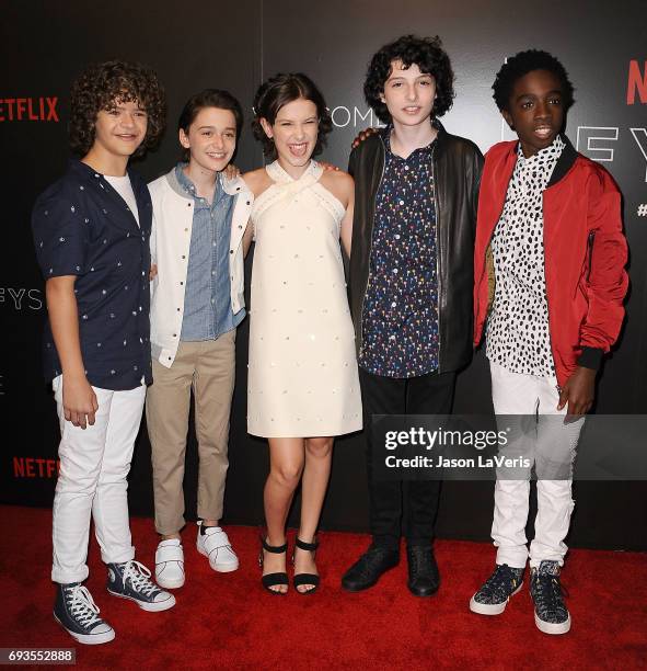 Gaten Matarazzo, Noah Schnapp, Millie Bobby Brown, Finn Wolfhard and Caleb McLaughlin attend the "Stranger Things" FYC event at Netflix FYSee Space...