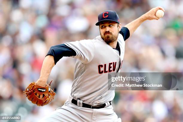 Andrew Miller of the Cleveland Indians throws in the sixth inning against the Colorado Rockies at Coors Field on June 7, 2017 in Denver, Colorado.