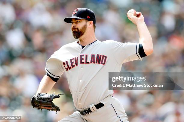 Boone Logan of the Cleveland Indians throws in the eighth inning against the Colorado Rockies at Coors Field on June 7, 2017 in Denver, Colorado.