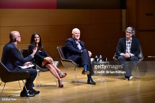 Moderator Logan Hill, Salma Hayek, John Lithgow and director Miguel Arteta attend the TimesTalks: The Allegory Of "Beatriz At Dinner" event at New...