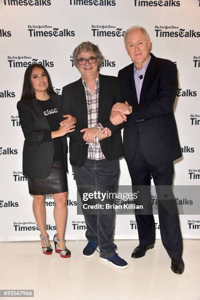 Salma Hayek, director Miguel Arteta and John Lithgow attend the TimesTalks: The Allegory Of "Beatriz At Dinner" event at New School's Tischman...