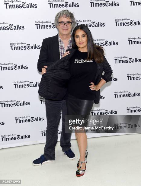 Director Miguel Arteta and Salma Hayek attend the TimesTalks: The Allegory Of "Beatriz At Dinner" at New School's Tischman Auditorium on June 7, 2017...