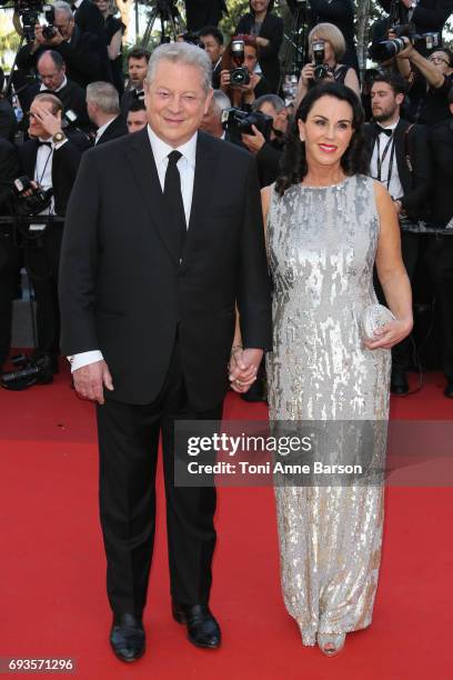 Al Gore and Elizabeth Keadle attend the 70th anniversary event during the 70th annual Cannes Film Festival at Palais des Festivals on May 23, 2017 in...