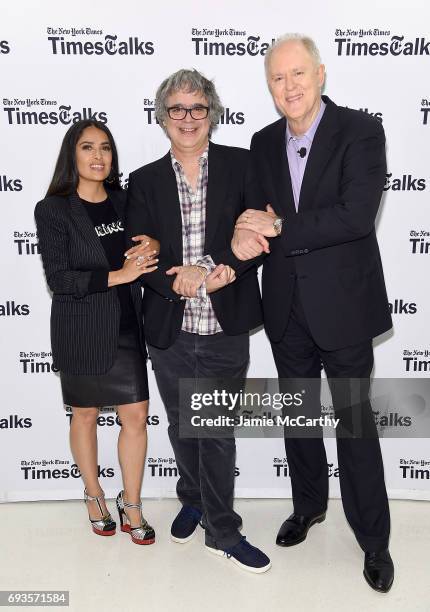 Salma Hayek,director Miguel Arteta and John Lithgow attend the TimesTalks: The Allegory Of "Beatriz At Dinner" at New School's Tischman Auditorium on...