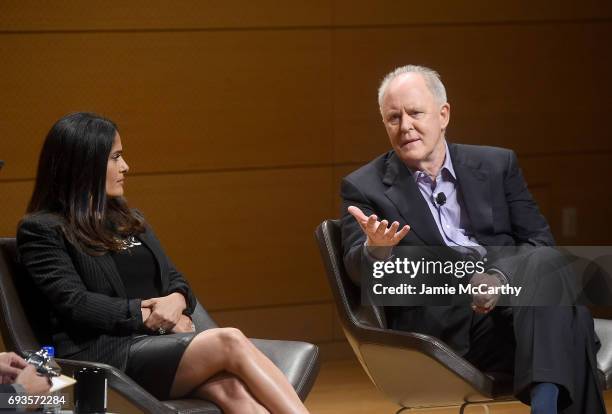 Salma Hayek and John Lithgow attend the TimesTalks: The Allegory Of "Beatriz At Dinner" at New School's Tischman Auditorium on June 7, 2017 in New...