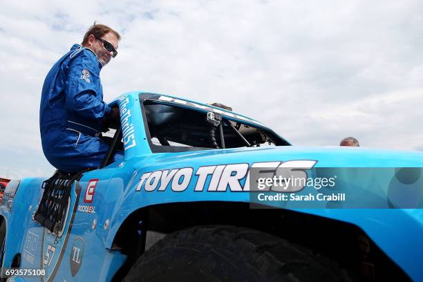 Texas Motor Speedway president, Eddie Gossage, participates during Speed Energy Super Trucks ride-alongs with former NASCAR/INDYCAR star Robby Gordon...