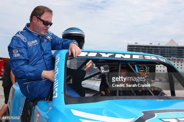 Texas Motor Speedway president, Eddie Gossage, participates during Speed Energy Super Trucks ride-alongs with former NASCAR/INDYCAR star Robby Gordon...