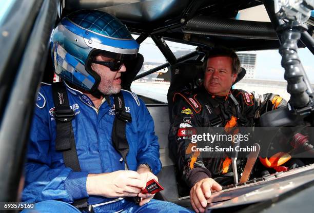 Texas Motor Speedway president, Eddie Gossage, participates during Speed Energy Super Trucks ride-alongs with former NASCAR/INDYCAR star Robby Gordon...