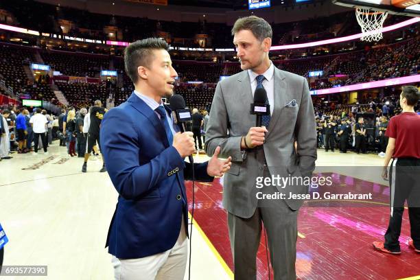 Brent Barry talks with the media before the game between the Cleveland Cavaliers and the Golden State Warriors in Game Three of the 2017 NBA Finals...