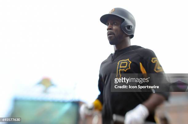 Pittsburgh Pirates center fielder Andrew McCutchen warms up during an MLB game between the Pittsburgh Pirates and the Baltimore Orioles on June 07,...