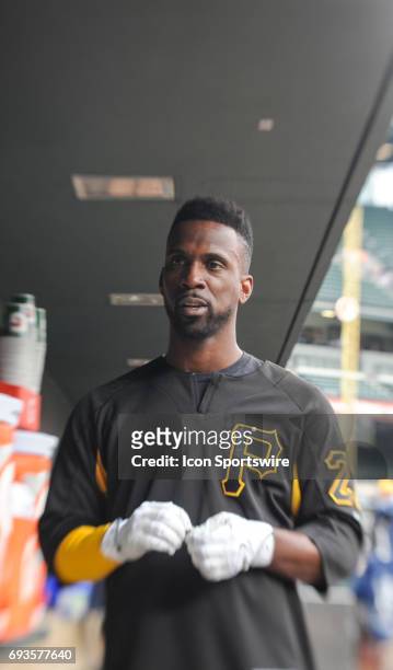 Pittsburgh Pirates center fielder Andrew McCutchen stands in the dugout during an MLB game between the Pittsburgh Pirates and the Baltimore Orioles...