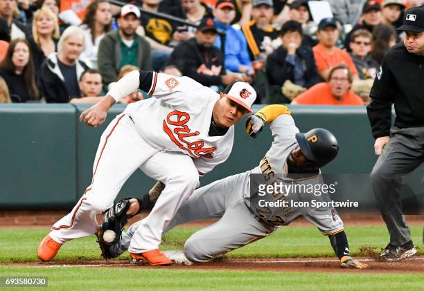 June 07: Baltimore Orioles third baseman Manny Machado takes a throw and is spiked and injured on a steal by Pittsburgh Pirates center fielder Andrew...