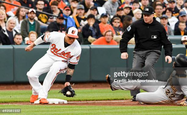 June 07: Baltimore Orioles third baseman Manny Machado takes a throw on a steal by Pittsburgh Pirates center fielder Andrew McCutchen in the second...