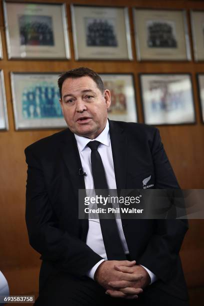 All Black coach Steve Hansen speaks to the media during the All Blacks & Maori All Blacks New Zealand Lions Series Squads Announcement at Butler Hall...