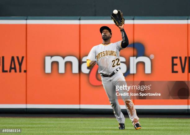 June 07: Pittsburgh Pirates center fielder Andrew McCutchen makes a running catch against the Baltimore Orioles during an MLB game between the...
