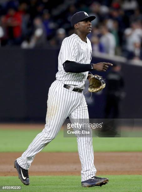 Didi Gregorius of the New York Yankees celebrates the 8-0 win over the Boston Red Sox on June 7, 2017 at Yankee Stadium in the Bronx borough of New...