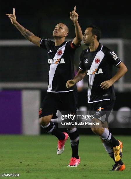 Luis Fabiano and Nene of Vasco da Gama celebrate a scored goal during a match between Vasco and Corinthians as part of Brasileirao Series A 2017 at...