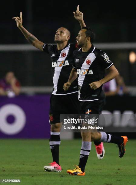 Luis Fabiano and Nene of Vasco da Gama celebrate a scored goal during a match between Vasco and Corinthians as part of Brasileirao Series A 2017 at...