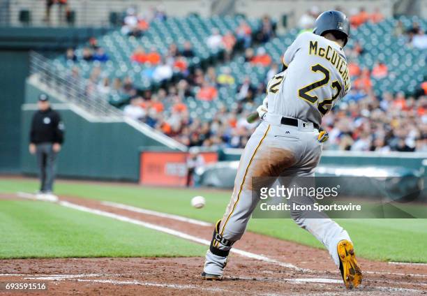 June 07: Pittsburgh Pirates center fielder Andrew McCutchen hits a single against the Baltimore Orioles during an MLB game between the Pittsburgh...