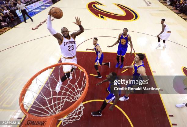 LeBron James of the Cleveland Cavaliers goes up with the ball in the first half against the Golden State Warriors in Game 3 of the 2017 NBA Finals at...