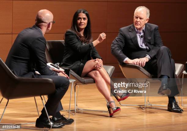 Salma Hayek and John Lithgow attend the TimesTalks: The Allegory Of 'Beatriz At Dinner' at New School's Tischman Auditorium on June 7, 2017 in New...