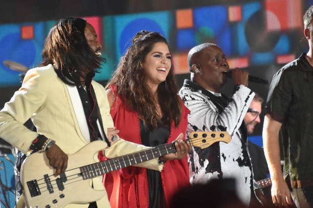 Lady Antebellum and Earth, Wind & Fire Verdine White, Hillary Scott, and Ralph Johnson perform onstage during the 2017 CMT Music Awards at the Music...