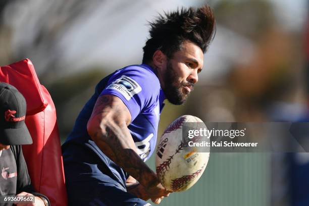 Digby Ioane catches a ball during a Crusaders training session at Rugby Park on June 8, 2017 in Christchurch, New Zealand.
