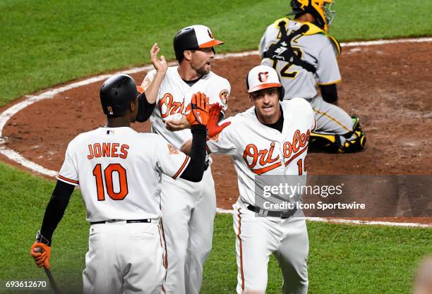 June 07: Baltimore Orioles left fielder Trey Mancini is congratulated by shortstop J.J. Hardy and center fielder Adam Jones after hitting a two run...