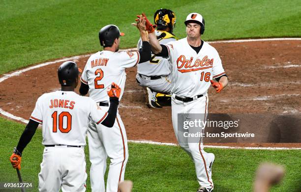 June 07: Baltimore Orioles left fielder Trey Mancini is congratulated by shortstop J.J. Hardy and center fielder Adam Jones after hitting a two run...