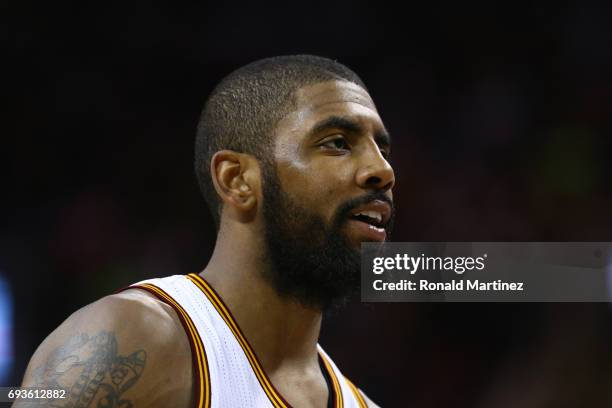 Kyrie Irving of the Cleveland Cavaliers reacts against the Golden State Warriors in Game 3 of the 2017 NBA Finals at Quicken Loans Arena on June 7,...