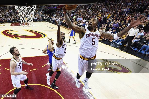 Smith of the Cleveland Cavaliers grabs a rebound in the second half against the Golden State Warriors in Game 3 of the 2017 NBA Finals at Quicken...