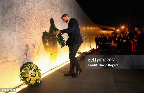Sam Warburton, the captain of the British & Irish Lions, places a wreath at the Canterbury Earthquake National Memorial on June 8, 2017 in...